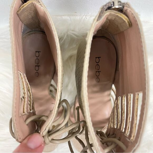 bebe | strappy open toe sandal stiletto 7.0 cream 4” heel back zipper closure - Picture 7 of 10